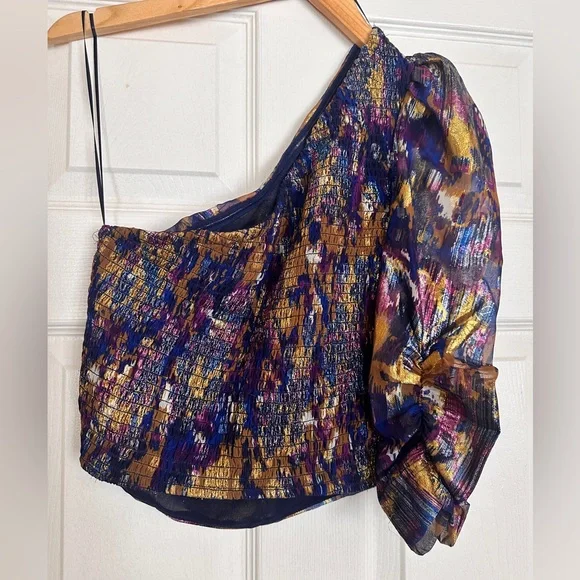 Mango One-Shoulder Fitted Blue, Purple and Gold Party Blouse - Picture 4 of 11